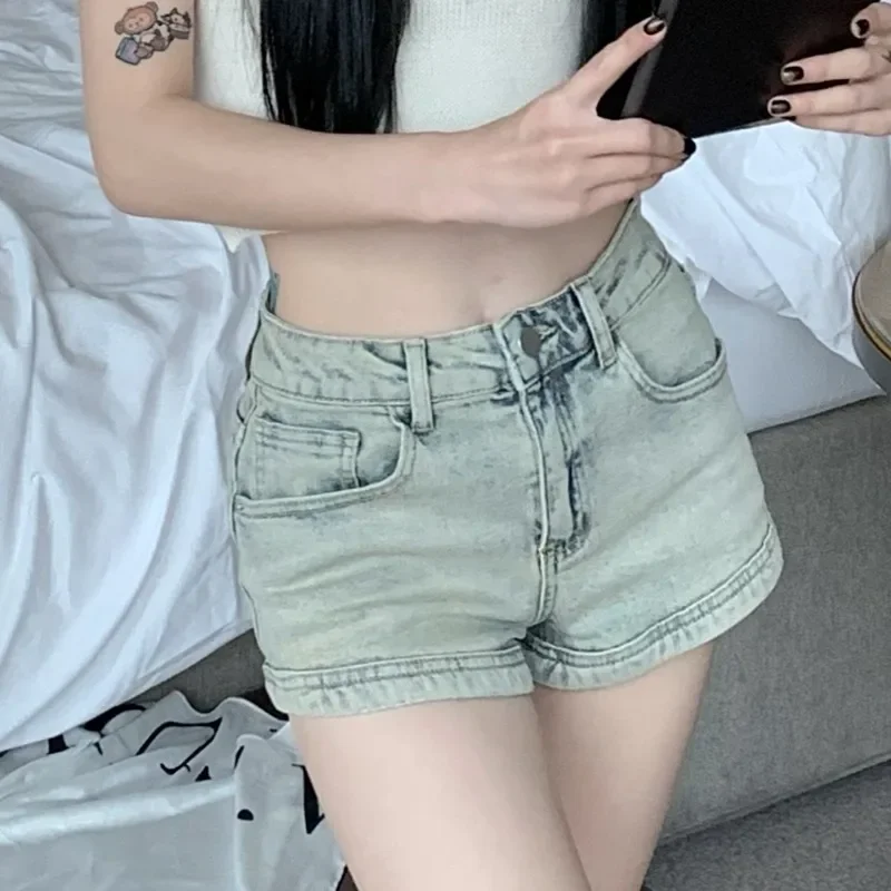 Shorts lavados para mulheres nicho denim zíper moda cintura alta magro retro all-match jovens estudantes ins meninas quentes fazer velha linha a