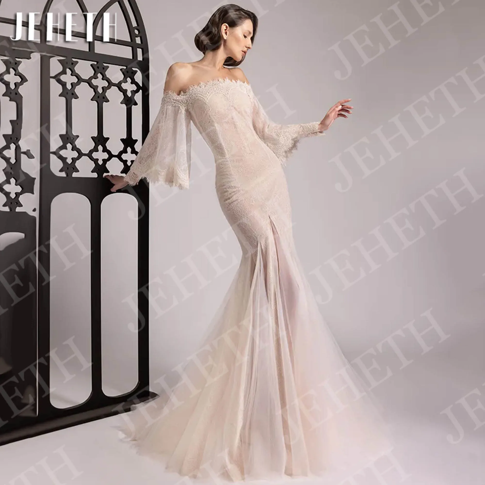 JEHETH Mermaid Elegant Evening Dresses Off the Shoulder Romantic Lace Bell Sleeves Tulle Party Dress Customized vestidos de gala
