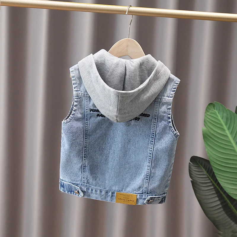 Baby Boy Casual Denim Vest with Hood New Kids Designer Fashion Clothing Outfit Children Sleeveless Jacket Hoodie Waistcoat 2-9Y