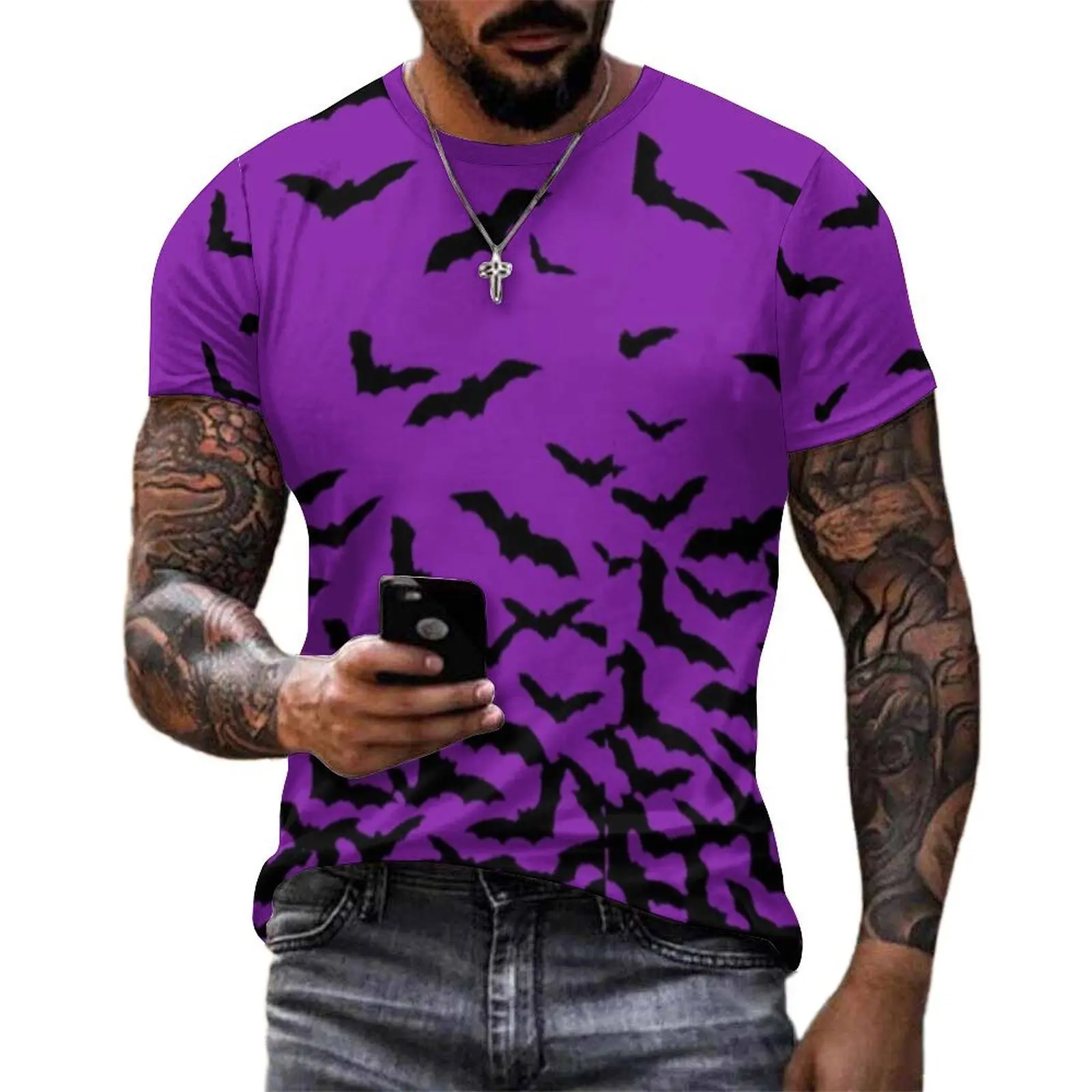 Summer T Shirt Gothic Spooky T Shirts Purple Bats Print Casual Harajuku Tee Shirt For Male Short-Sleeved Oversized Clothing