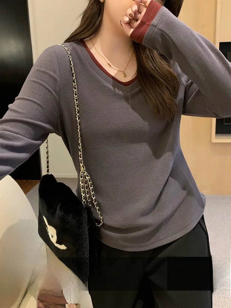 

Женская простая футболка с V-образным вырезом больших размеров в корейском стиле, с длинными рукавами до плеч, повседневный топ для полных женщин