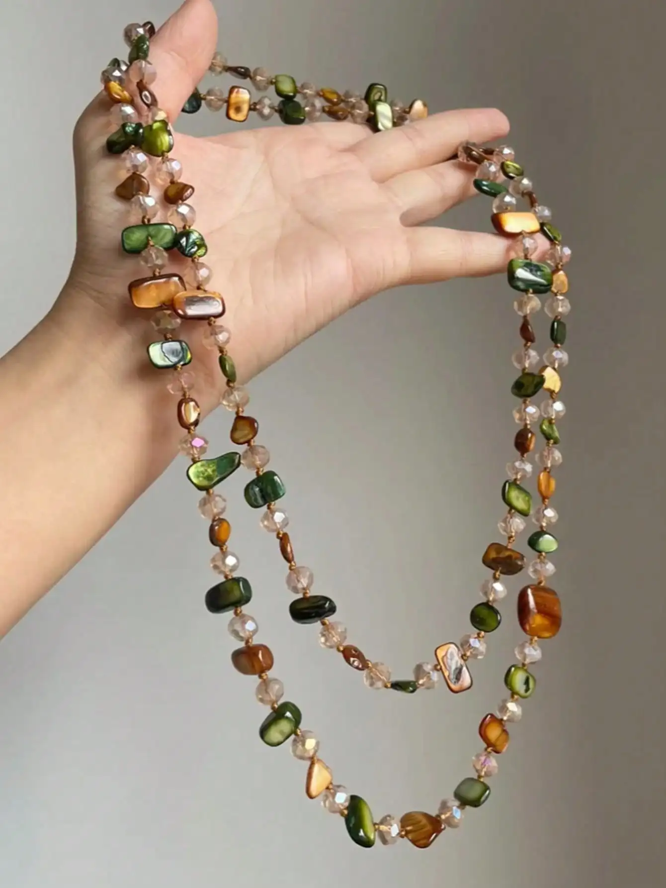 

Bohemian Double Layer Necklace with Assorted Gemstone & Shell Beads, Long Vintage Statement Piece for Holiday Wear