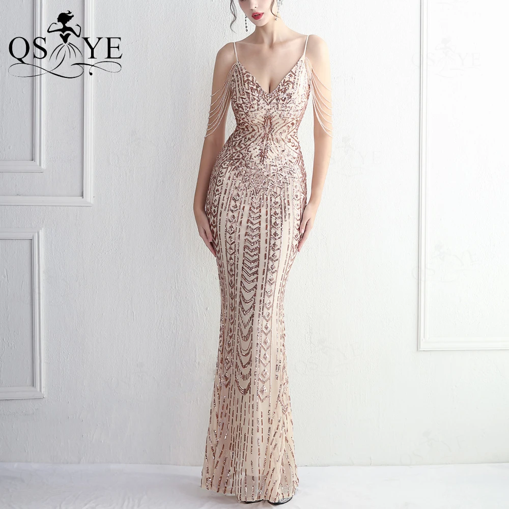 

Unique Pattern Gold Prom Dresses Sequin Lace Mermaid Evening Gown Beadings Spaghetti Straps V Neck Backless Formal Party Dress