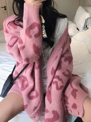 Cardigã casual de manga comprida com decote em v feminino, suéter leopardo rosa, casaco solto, moda coreana, primavera