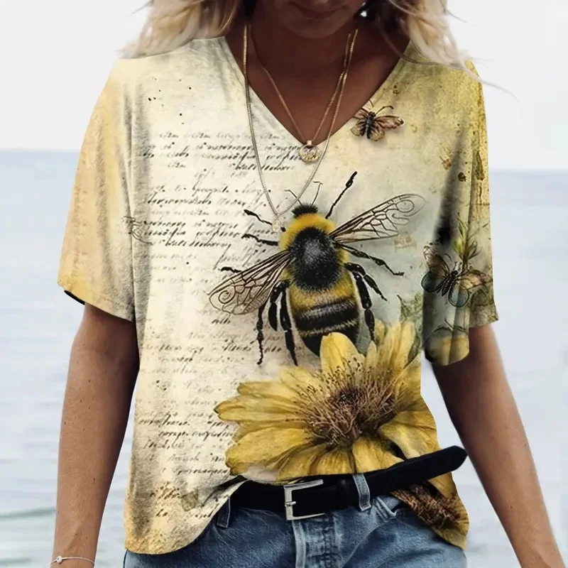 Women's 3D Bee and Honey Print T-Shirts, Sunflower V-Neck Short Sleeve T-Shirt, Y2K T-Shirts, T-Shirts