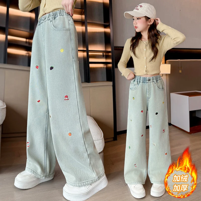 

Autumn Girls' Jeans Cartoon Embroidered Children Denim Pants Kids Loose Straight-leg Trousers Teenager Insulated Clothing 4-14Y