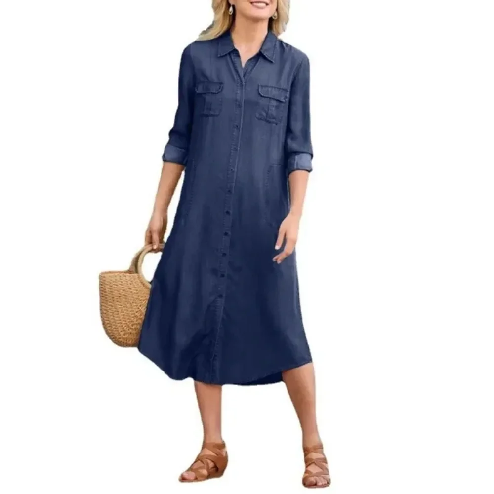 Letnia damska sukienka Plus Size Casual Denim Pocket Loose Long Dress Elegant Lapel Short Sleeved Solid Color Casual Long Dress