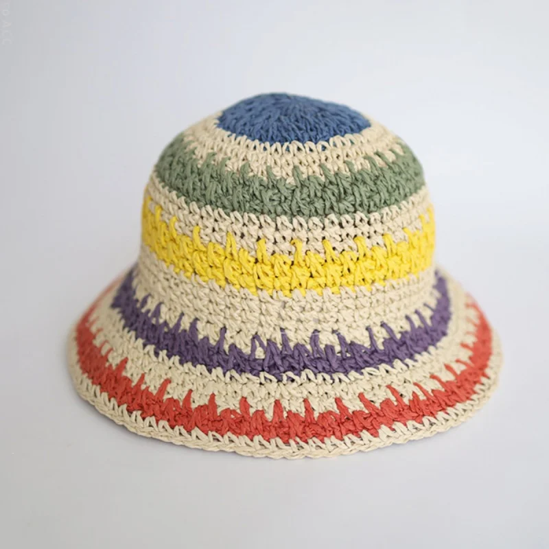 Summer Baby Girls Beach Sun Hats for Kids Sunscreen Crochet Straw Rainbow Hat Outdoor Visor Hats Children Fisherman Cap