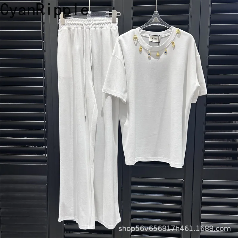 

Fashion Women Two-piece Sets Metal Decoration Cotton-linen Loose Short Sleeve T-shirt Top + Elastic Waist Casual Wide Leg Pants