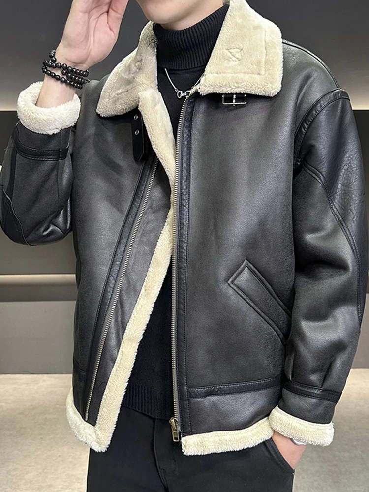 

Lamb Fur Jaet Men's Winter Thiened Motorcycle Sle Cotton Coat Warm Long Sve Casual Faion Urban Youth Pure Color Zi...