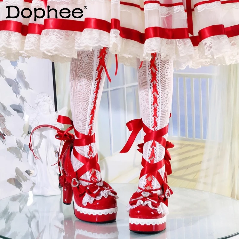 

Original Women's Red High Heels Y2K Cos Waterproof Thick Sole Shoes Autumn New Women's Sweet Elegant Bow Lolita Platform Shoes