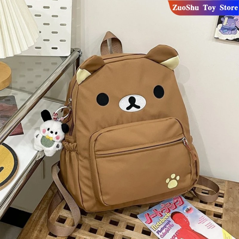 حقيبة ظهر Kawaii Rilakkuma أنيمي الكرتون التطريز على ظهره أنيقة ذات سعة كبيرة حقيبة مدرسية للطلاب حقائب نايلون متعددة الوظائف