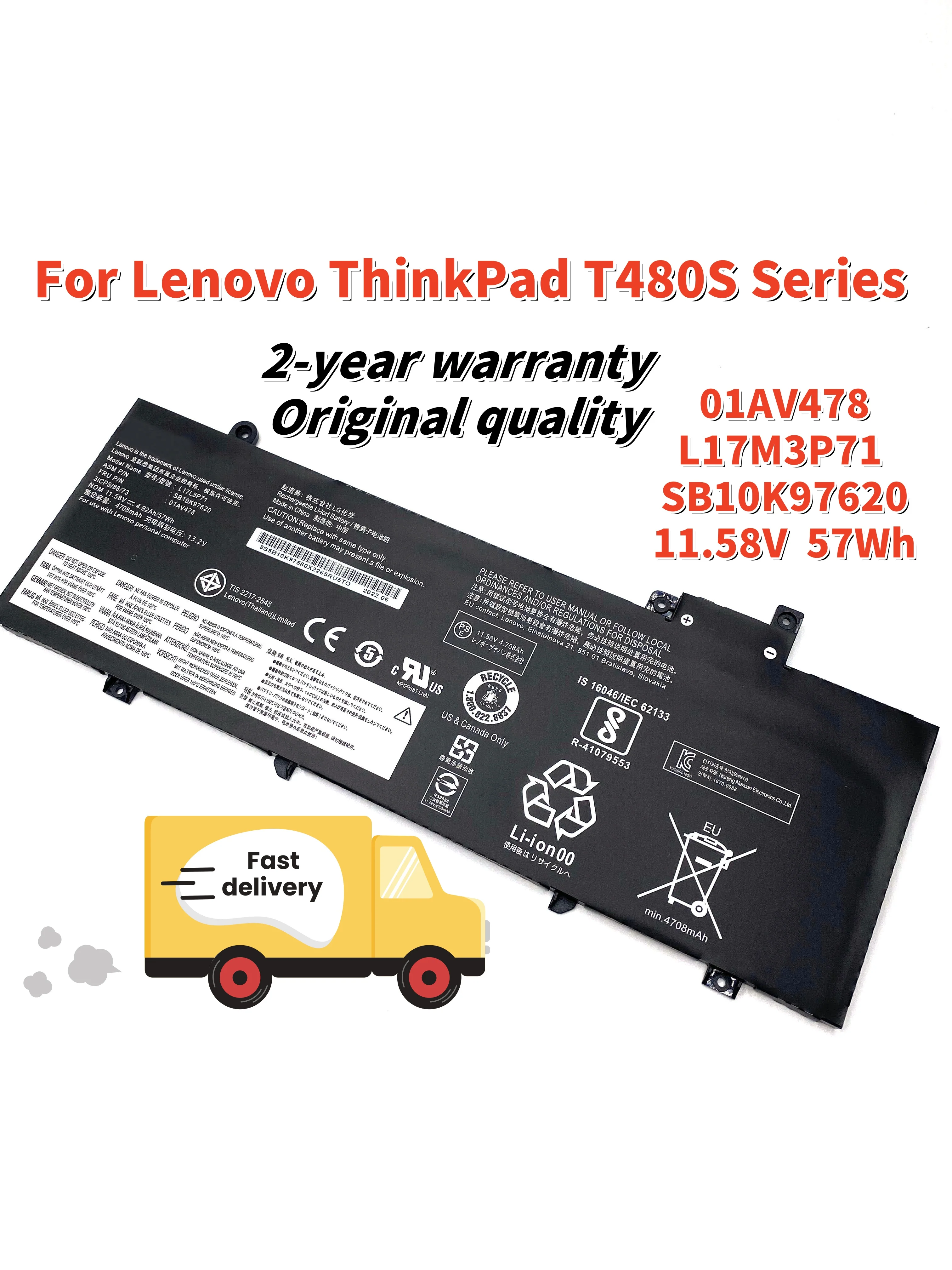 01AV478 L17L3P71 Laptop batarya Lenovo ThinkPad T480S serisi 01AV479 SB10K97620 SB10K97621 L17M3P71 L17S3P71 L17M3P72