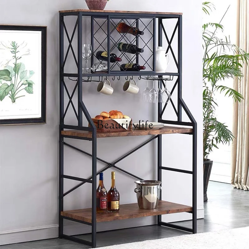 

European retro wrought iron wooden storage wine rack dining side cabinet shelf household display rack