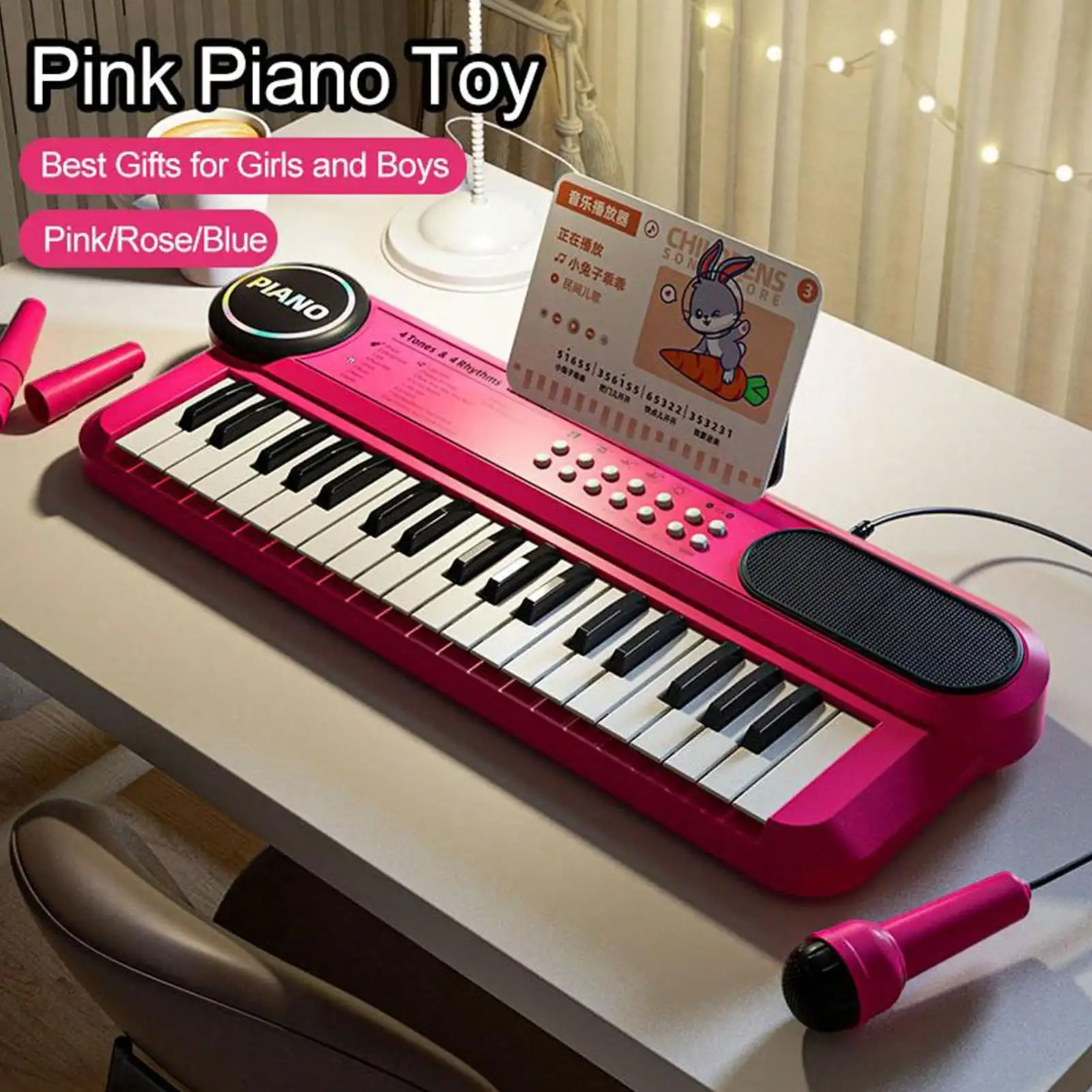37‑Key Kids Piano Keyboard with Microphone, Portable Electronic Keyboard for Beginners, Early Educational Musical Toy, Learning Music Instrument for Toddler Children Ages 3‑8, Multiple Colors Pink Blue Rose, Ideal Birthday Gift for Little Girls