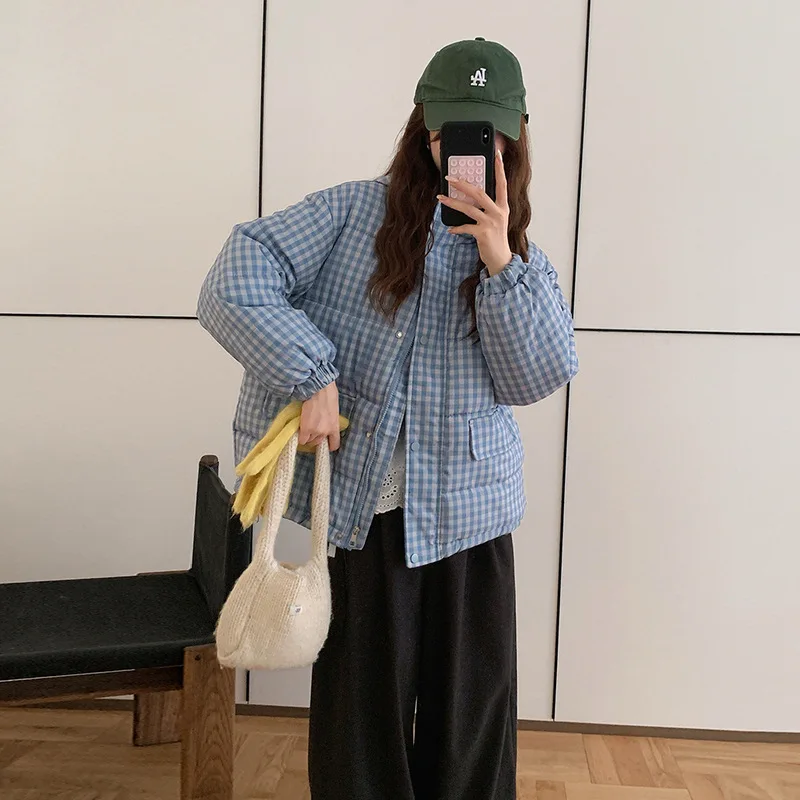 Women Short Plaid Parkas Coats Solid Jackets Zipper Pocket Stand Collar Long Sleeves Thick Loose Office Lady Casual 2025 Winter