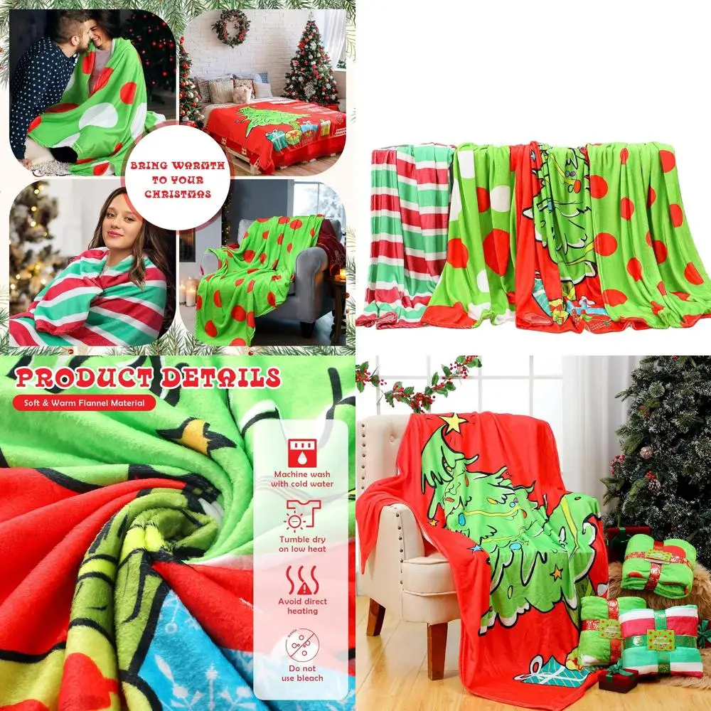 

Набор из 4 зеленых и красных фланелевых одеял для рождественской елки 50x60 с поздравительными открытками, мягкие и уютные для праздничного декора дивана и кровати, подарки