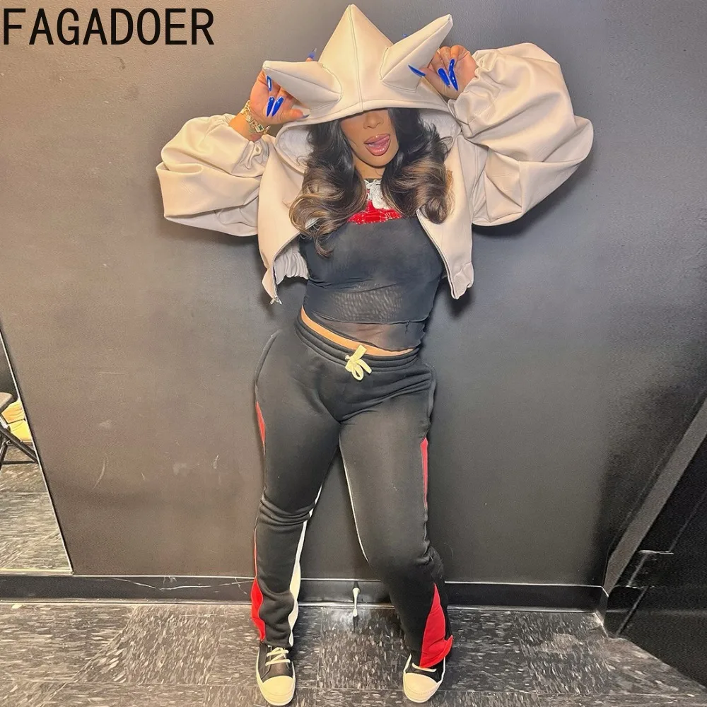 FAGADOER Sexy Leather Patchwork Jacket Women Solid Color Long Sleeve Zipper Hooded Jacket Female Streetwear Clothing Autumn New