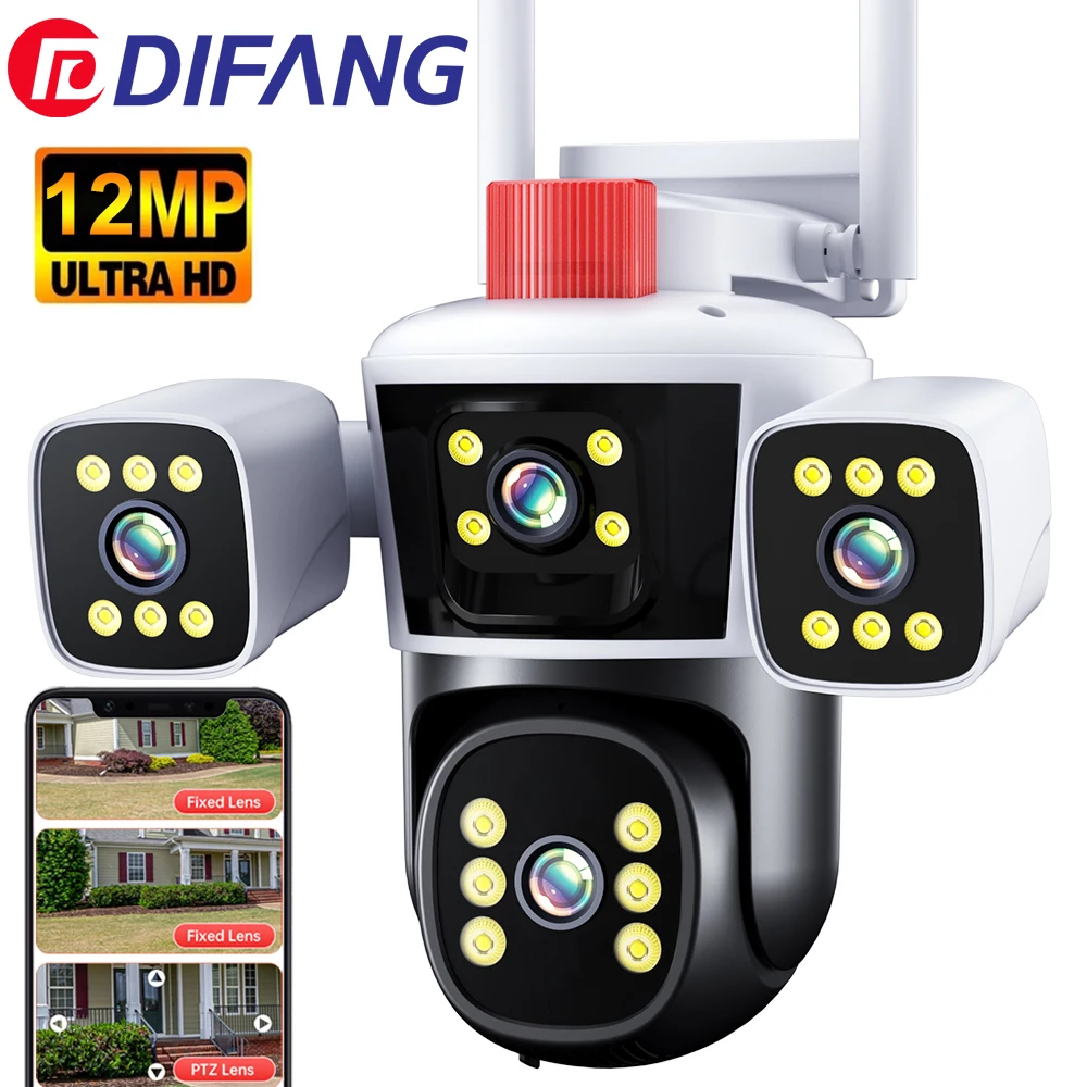 DIFANG kamera keamanan luar ruangan WiFi, dapat diputar 3 lensa, bicara dua arah, deteksi gerakan, penglihatan malam, Kamera CCTV nirkabel 360 °