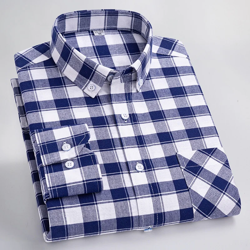 

New Men Oxford Plaid Business Casual Shirts Long Sleev Front Patch Chest Pocket Regular-fit Button-down Collar Thick Work Shirts