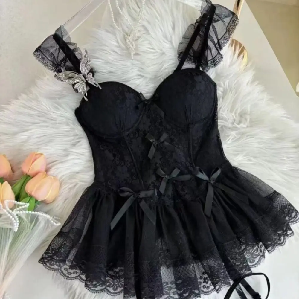 

Милое кружевное белье с бантом, женское сетчатое кружевное ночное белье с воланами, ночная рубашка, прозрачное прозрачное ночное платье для сна