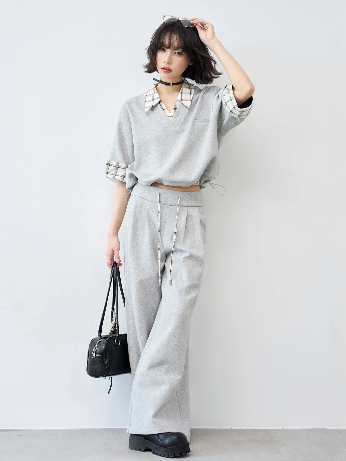 

Winku Casual Plaid Color Blo Set High Waist Long Pants irt ort Sve Seven Points Autumn Spring Summer Collection