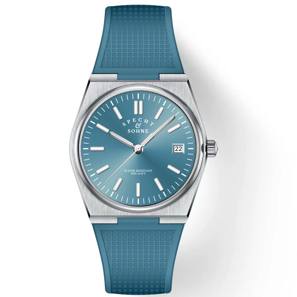 SPECHT&SOHNE Rubber Strap Quartz Chronograph Watch Stainless Steel Ice Blue Luminous Sapphire Crystal 5BAR 8