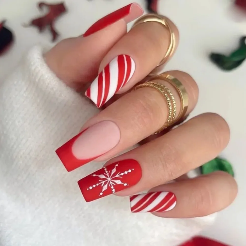 Manicura desmontable, uñas postizas francesas navideñas, cabeza cuadrada, cubierta completa, prensa en uñas, uñas postizas de bailarina para mujer