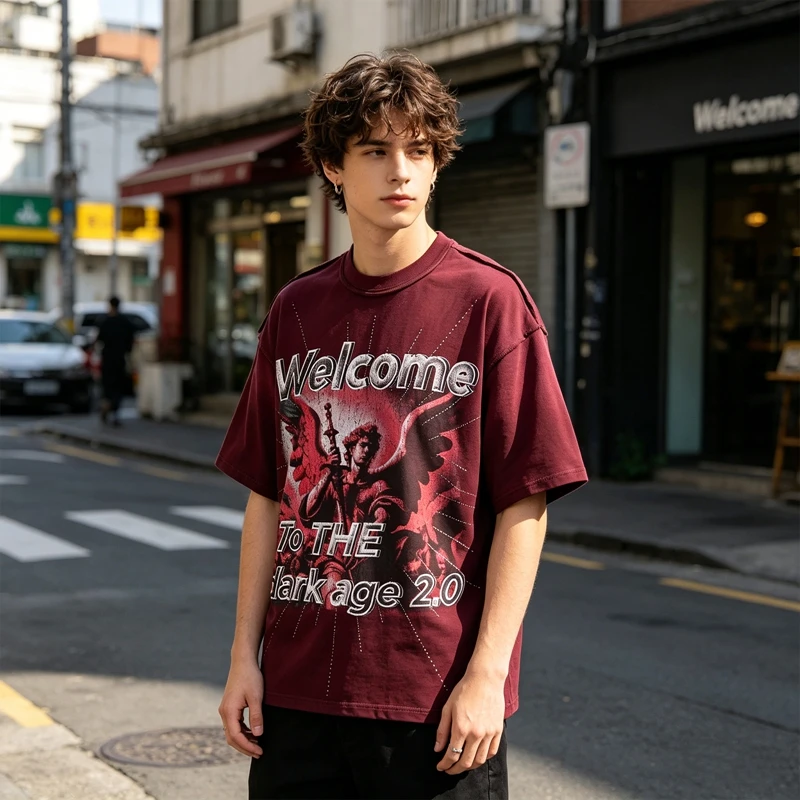 Vintage Washed Pink Angel Print Strass T-Shirt Herren Oversized Streetwear Y2K Gothic Grunge Rundhals Lässiges Grafik-T-Shirt – Detail 2