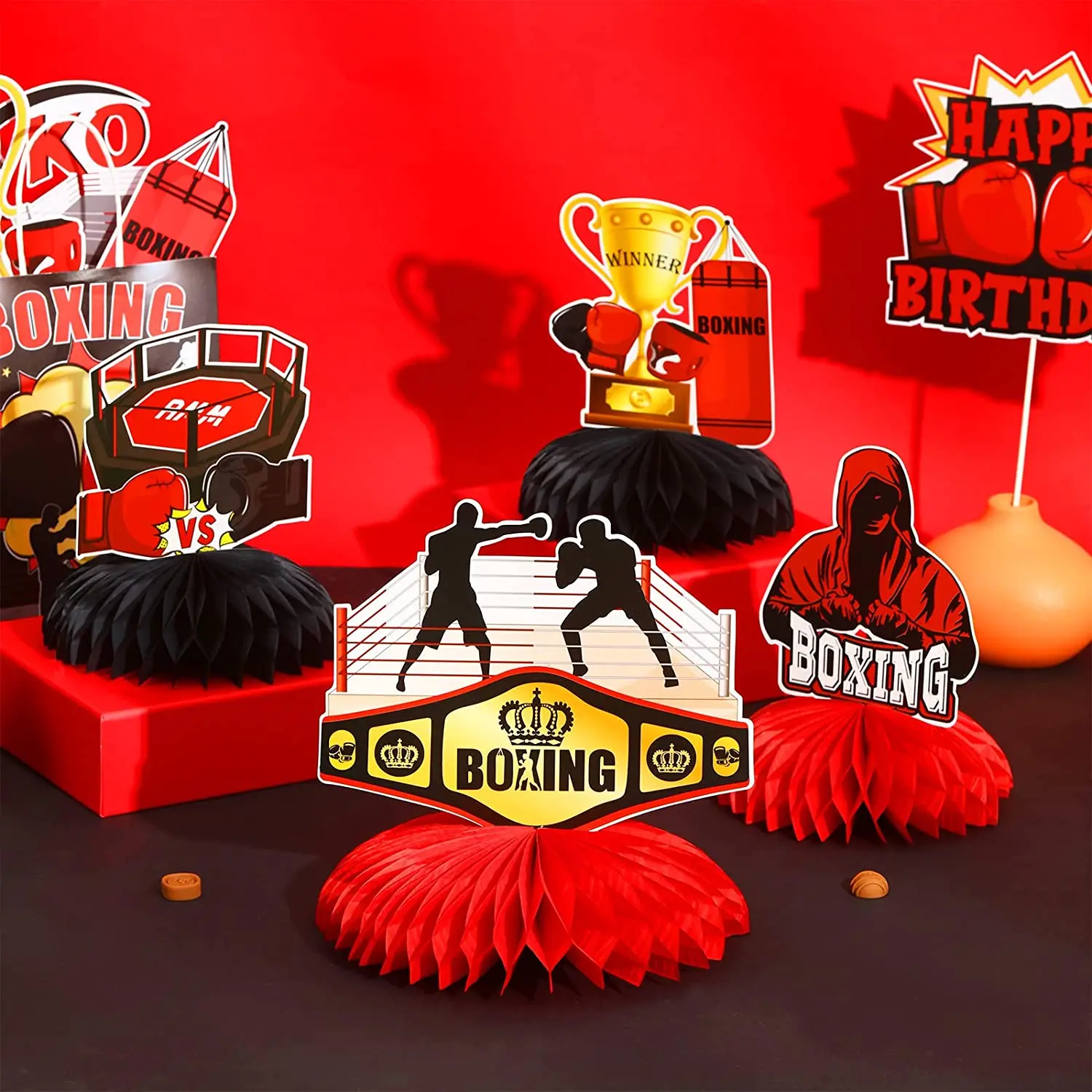 8 Pieces Boxing Birthday Honeycomb Centerpieces Boxing Match Birthday Party Decorations Boxer Gloves Boxing Platform Table Decor