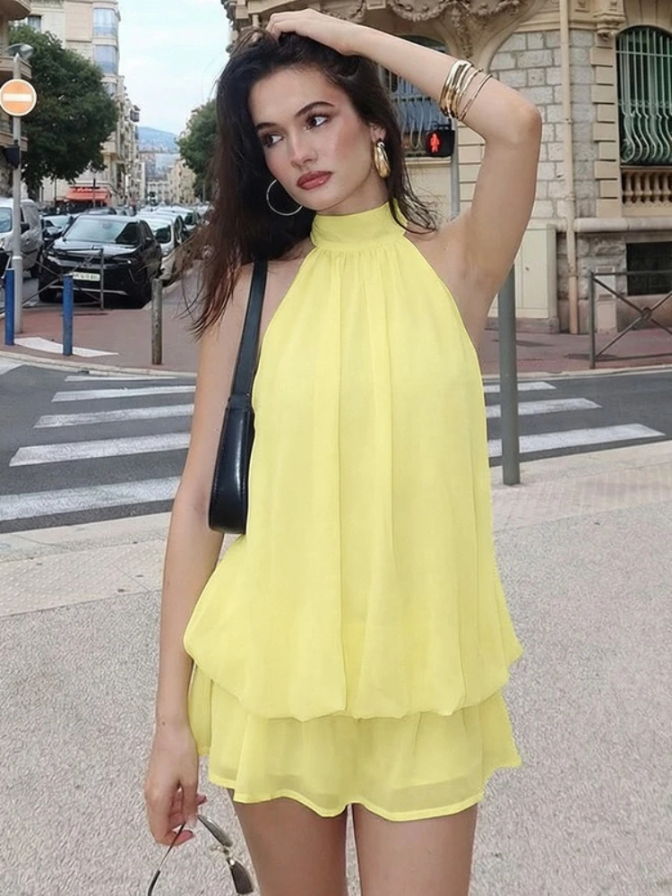 

Tsiisd Mesh Necklace Backless Mini Dress For Women Lace-Up Sexy Holiday Summer 2026 Solid Fashion Solid Party Dress Female Dress