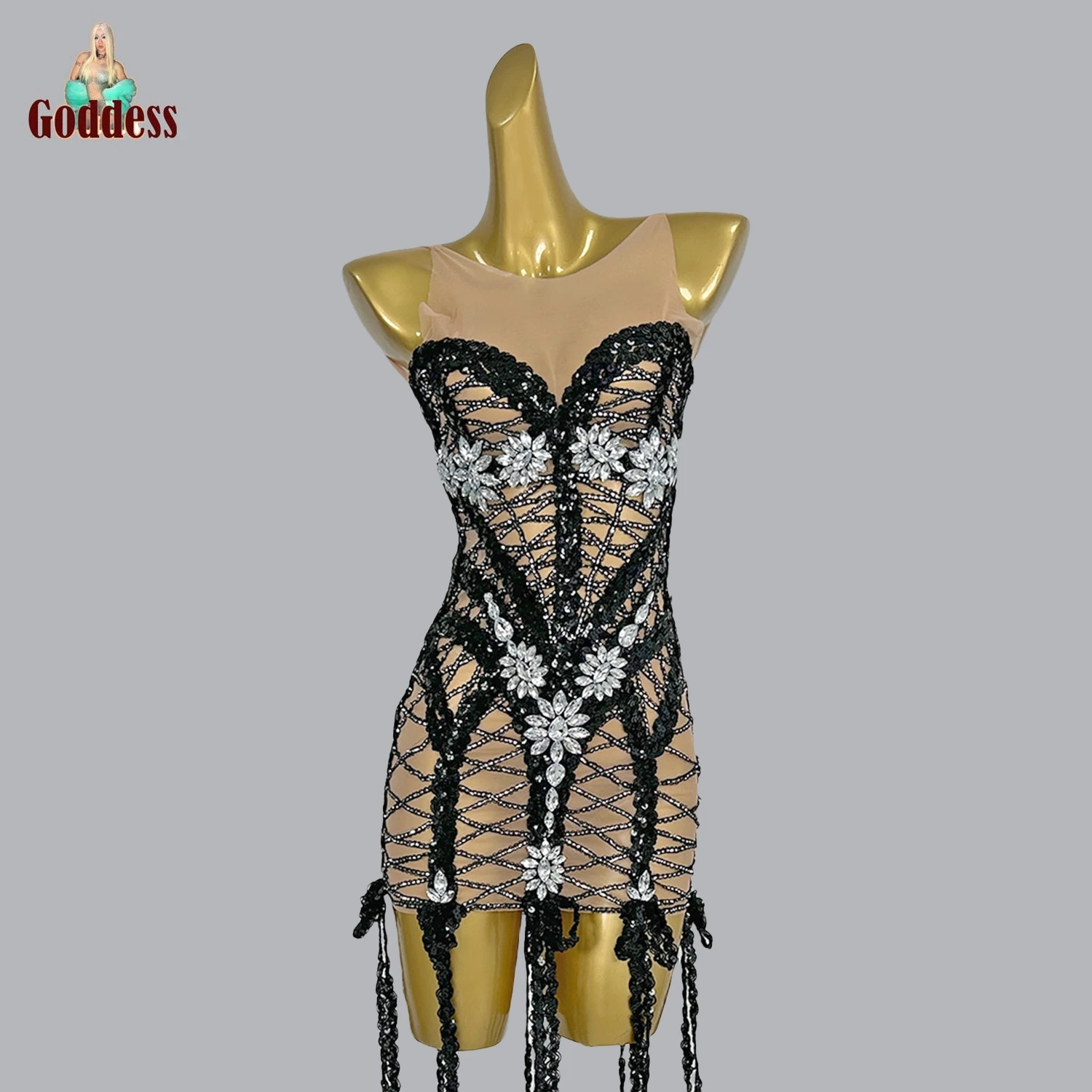 See Through Mesh Sequins Backless Dress Las Vegas Showgirl Dress Charming Party Nightclub Drag Queen Outfit Sexy Stage Outfit