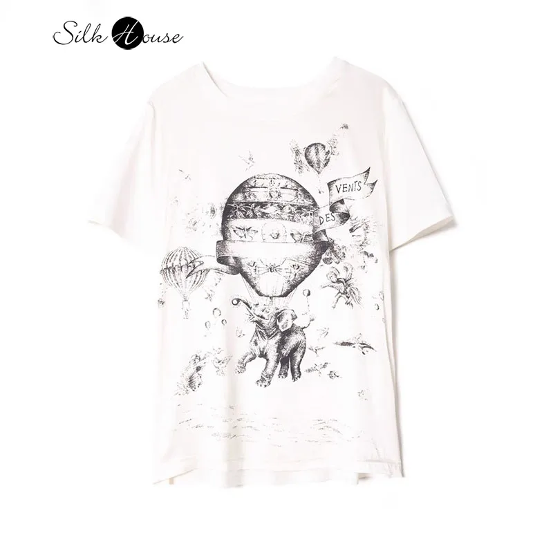 

Women's Fashion New Elephant Hot Air Balloon Print 92% Natural Mulberry Silk Elastic Satin Round Neck Short Sleeved T-shirt