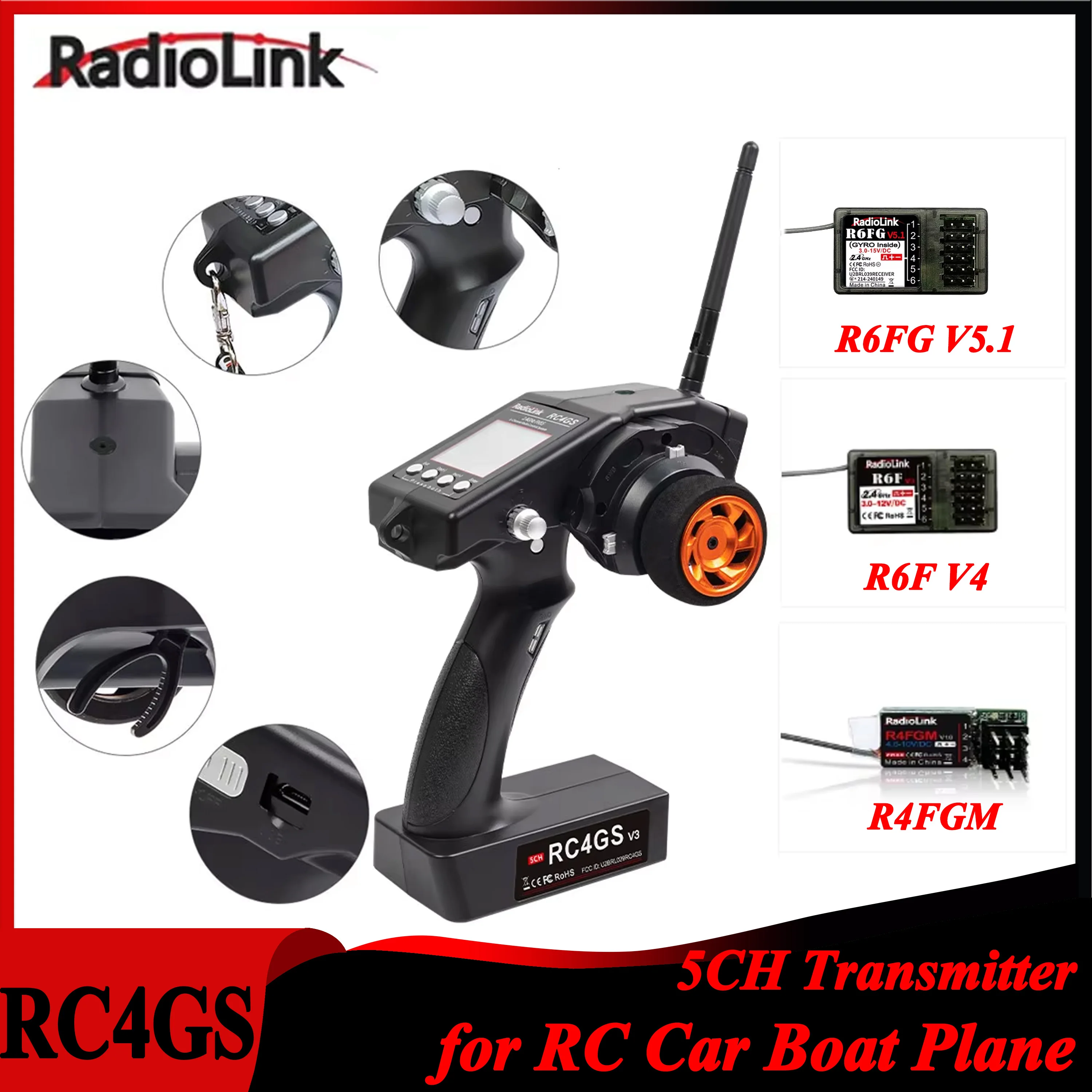 RadioLink-Transmetteur gyroscopique RC4GS V3 5 canaux, 2.4G R4FGM R6F R6FG V5.1, pour voiture RC, bateau, véhicule, modèle, jouet, pièces