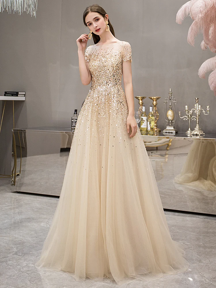 Champagne evening dress sequined prom dress beaded banquet wedding dress formal host party dress customization