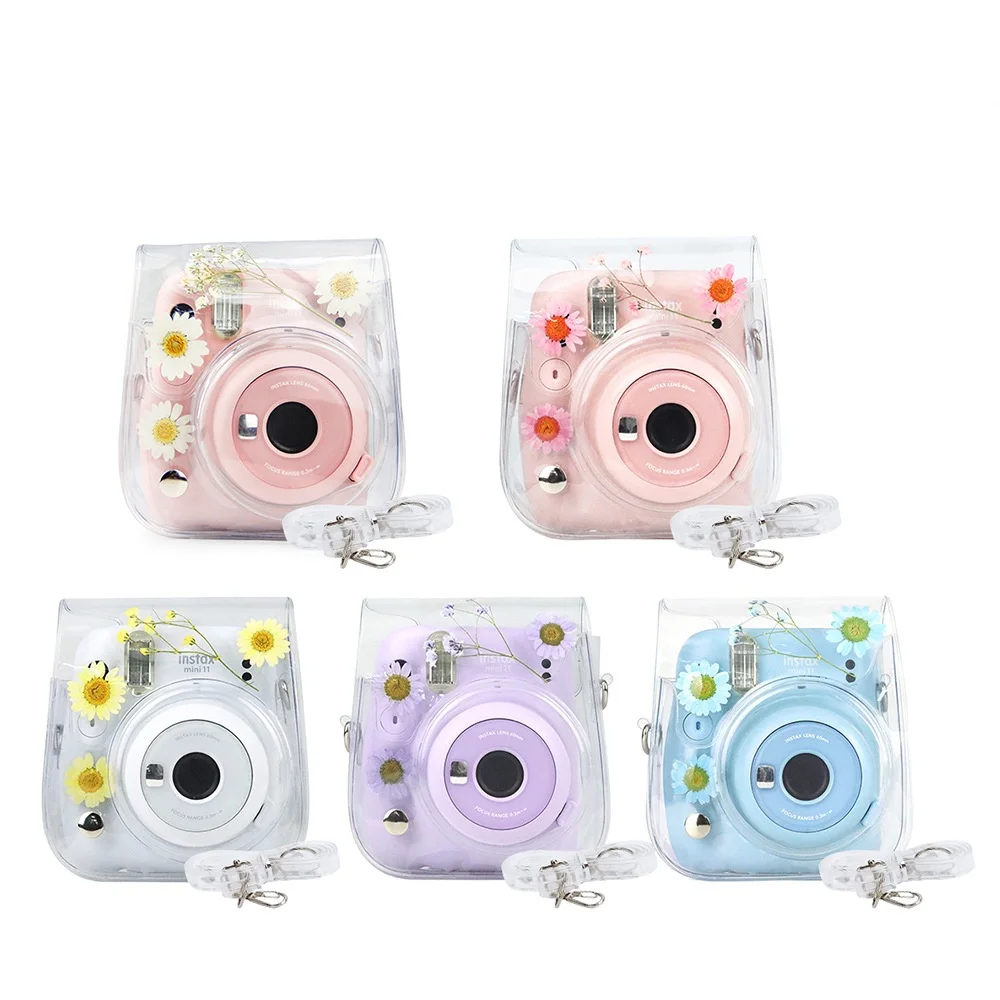 PVC Transparent Dried Flowers Camera Bag For Fujifilm Instax Mini 13/12/11/9/8 Instant Camera Cover Case With Shoulder Strap