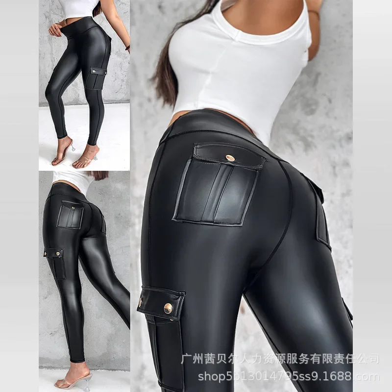 Women Sexy Leather Pants Slim Fit Elastic Waist Leggings Long Pant Sheath Pockets Casual Splice Trousers Streetwear 2024