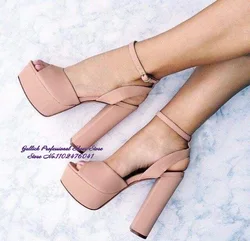 Women Nude Matte Block Heels Sandals Platform Open Toe Buckle Strap Summer Dress Shoes Gold Silver Chunky Heel Pumps Size46