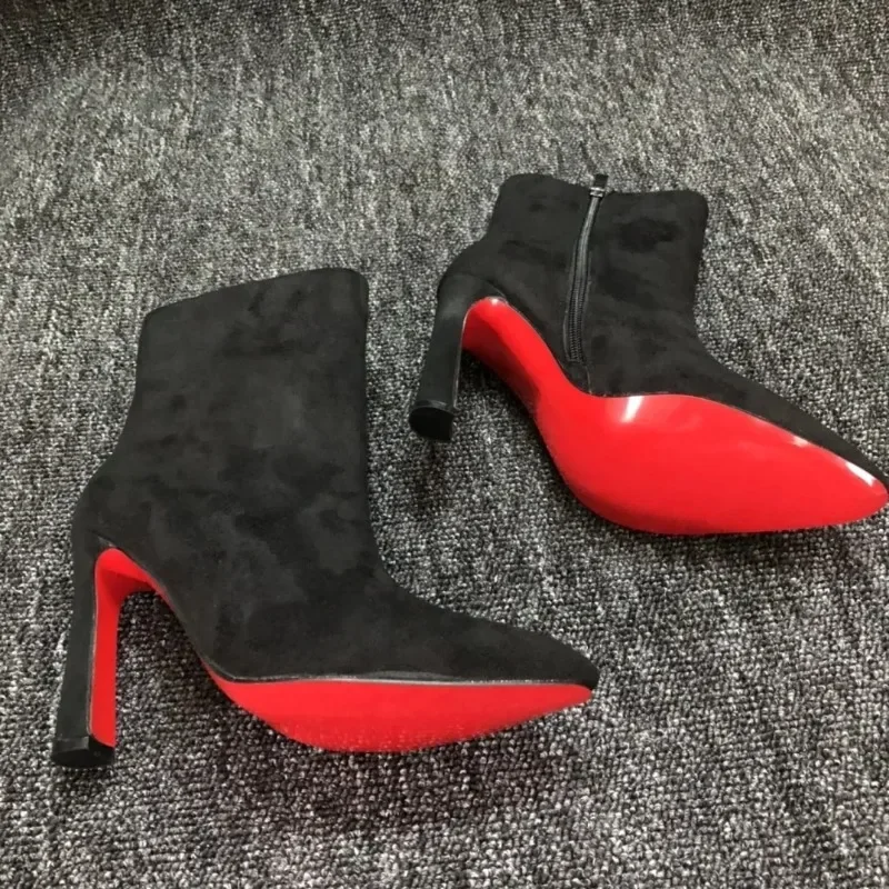 

Luxury High Quality Fashion Sexy Crystal Red Sole Shoes Ankle Boots for Woman Pointed Toe Shoes Party Modern Autumn Booties 10cm