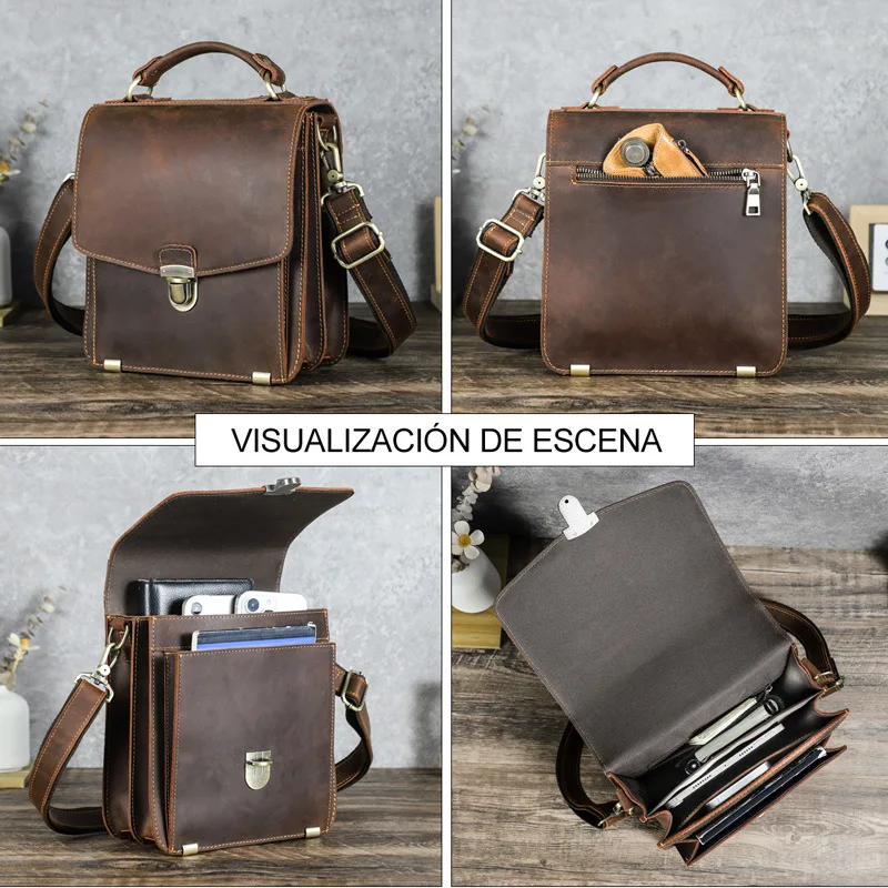 Crazy Horse Leather Classic Lock Handbag Multi-compartment Men's Shoulder Crossbody Bag Genuine Leather Men's Bag