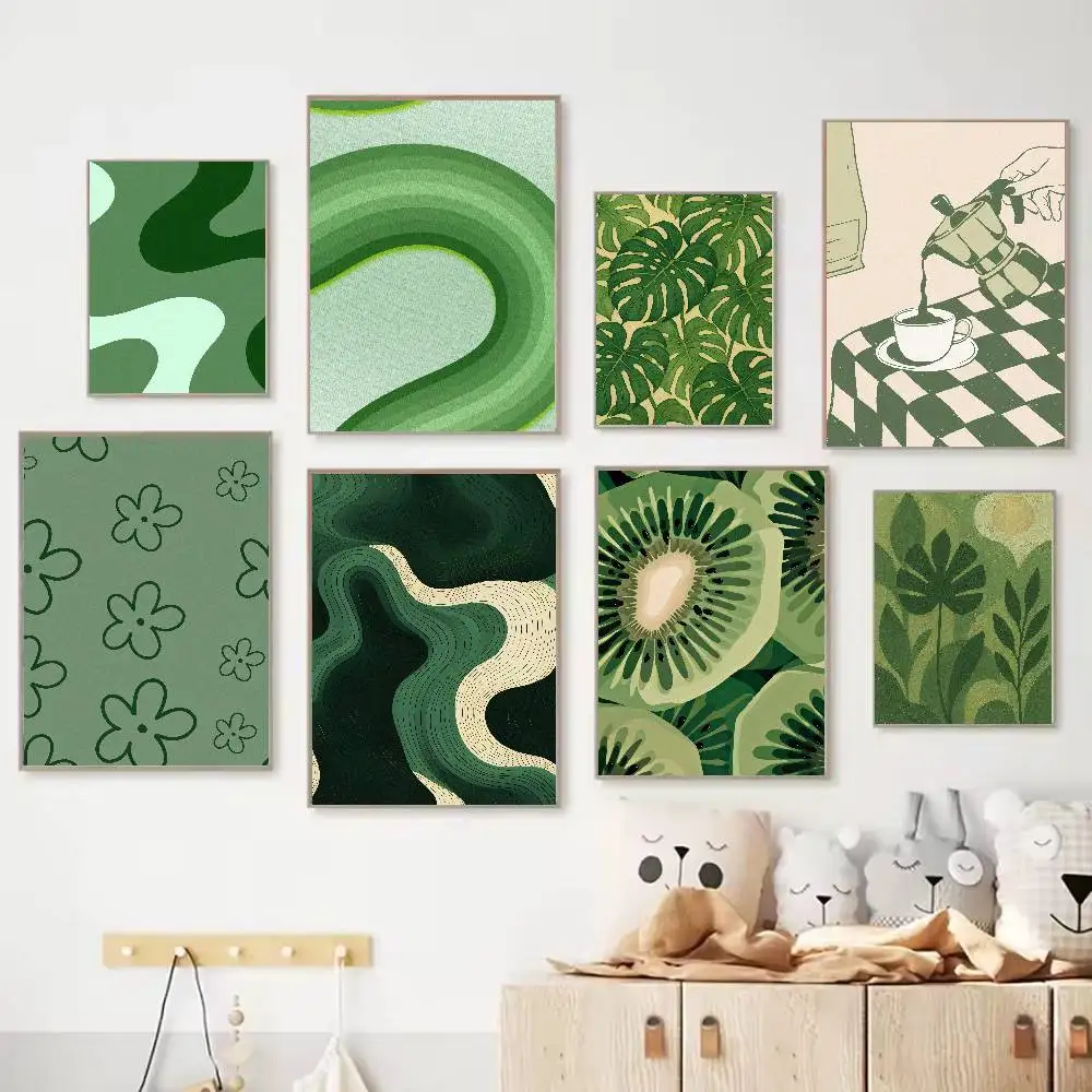 Green Aesthetic Poster Abstract Leaf Fruit Coffee Art Wall Picture, Light Green Tone For Bedroom Dorm Room Home Decoration