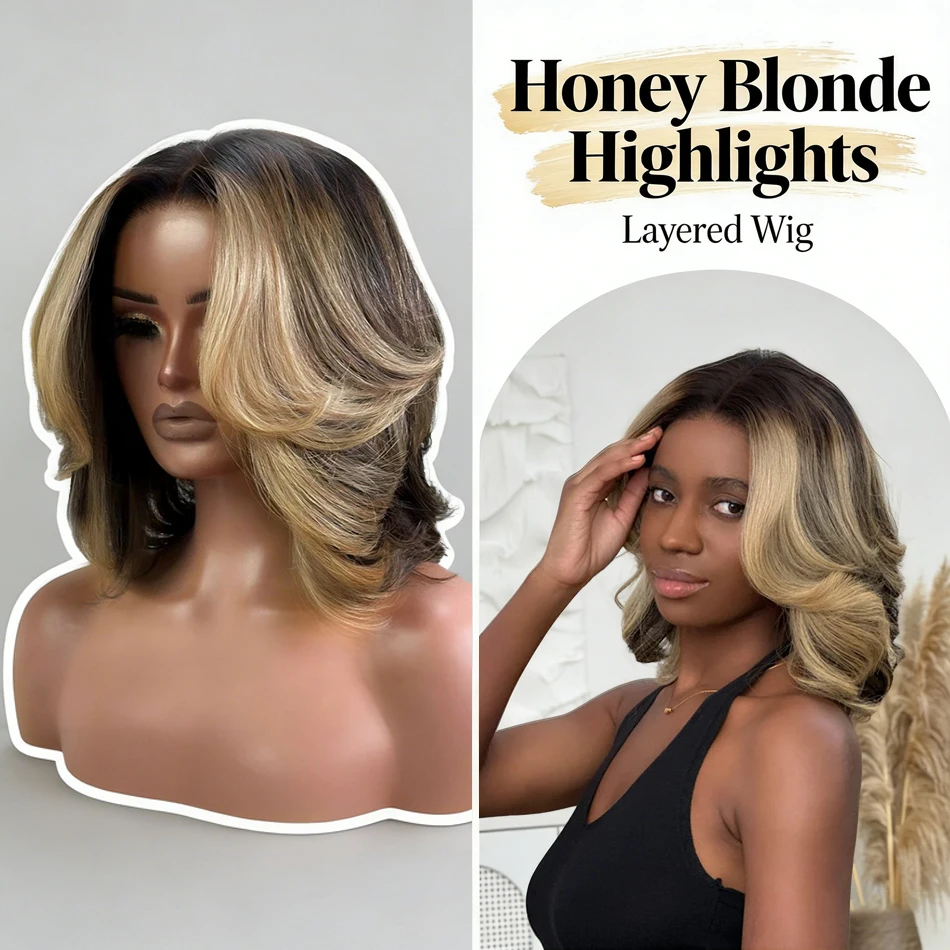 Blonde Highlight Layered Cut Bob 5X5 Lace Closure Wig Short Bob Wig Human Hair Colored Highlight Ombre Straight For Black Women image 7