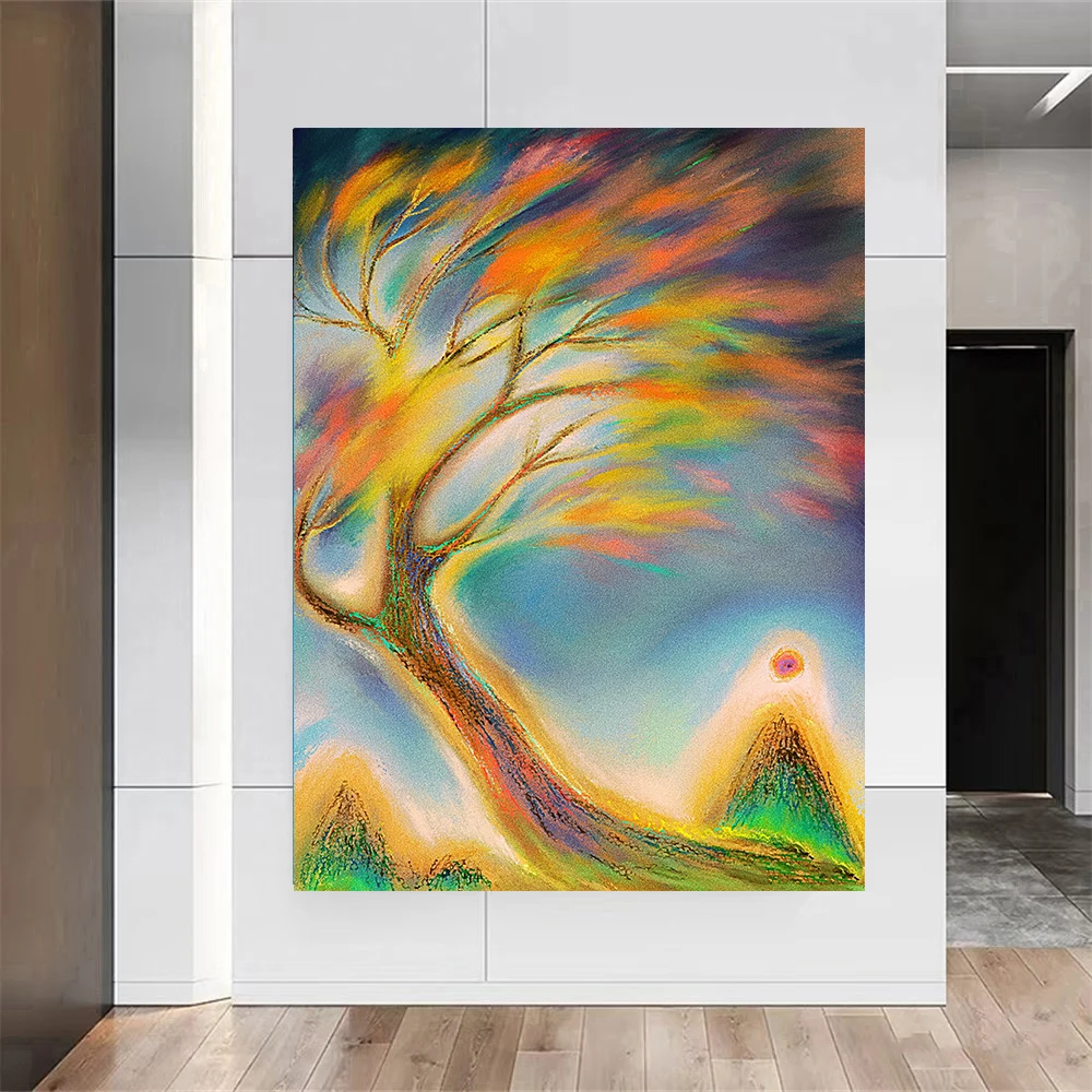 

Яркая картина маслом «Древо жизни», ручная роспись, абстрактное искусство, декор для гостиной, фэн-шуй картина на холсте для прихожей