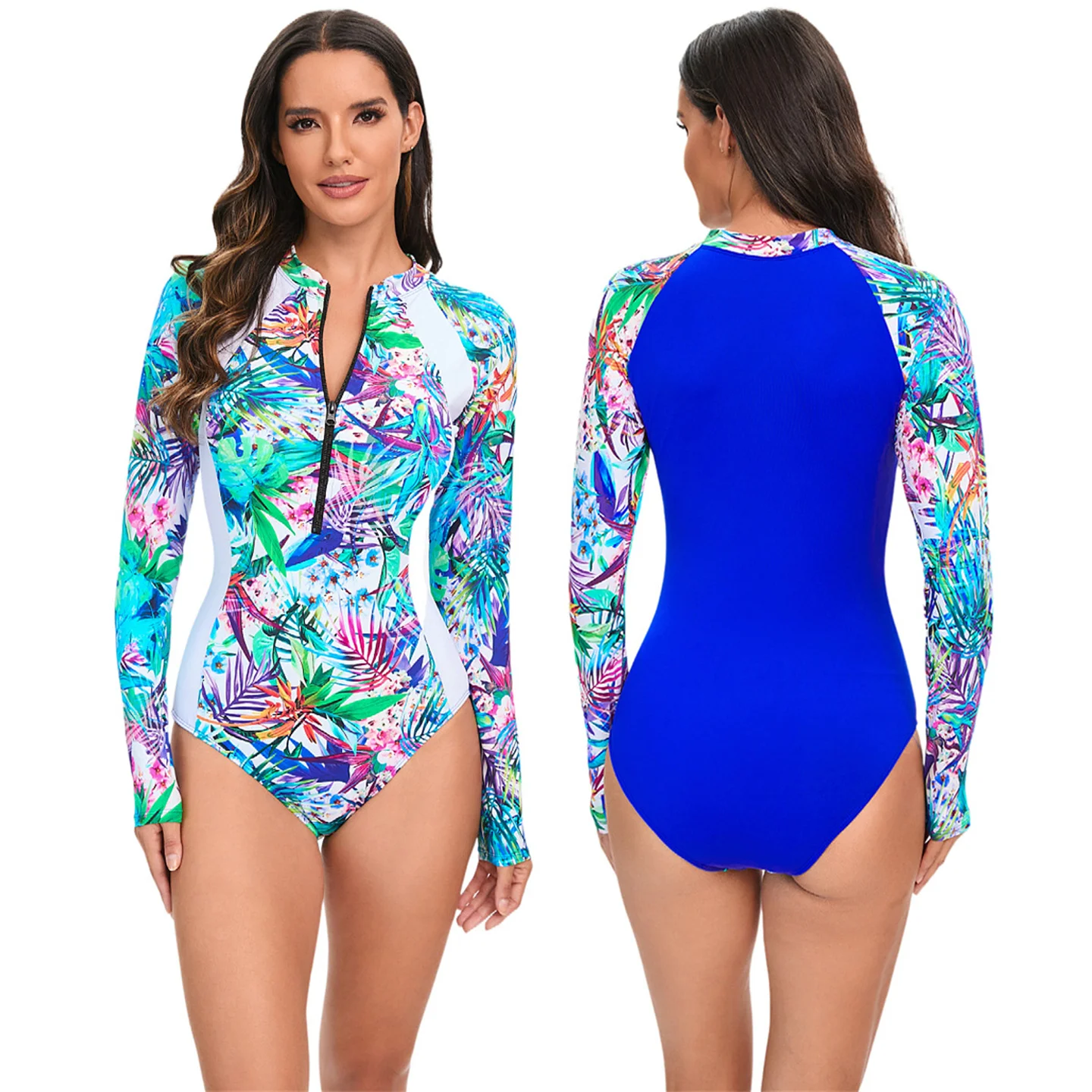 European And American New One-Piece Swimsuit Long Sleeve Zipper Stitching Printed Women's Swimsuit Fashion Surfing Suit