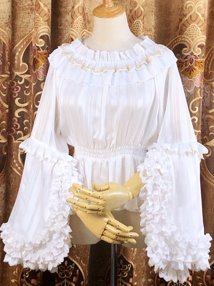 Victorian Vintage Lolita Blouses Women Elegant Lace Ruffles Flare Sleeve Shirts Tops Female Harajuku Gothic Slim Chiffon Blouse