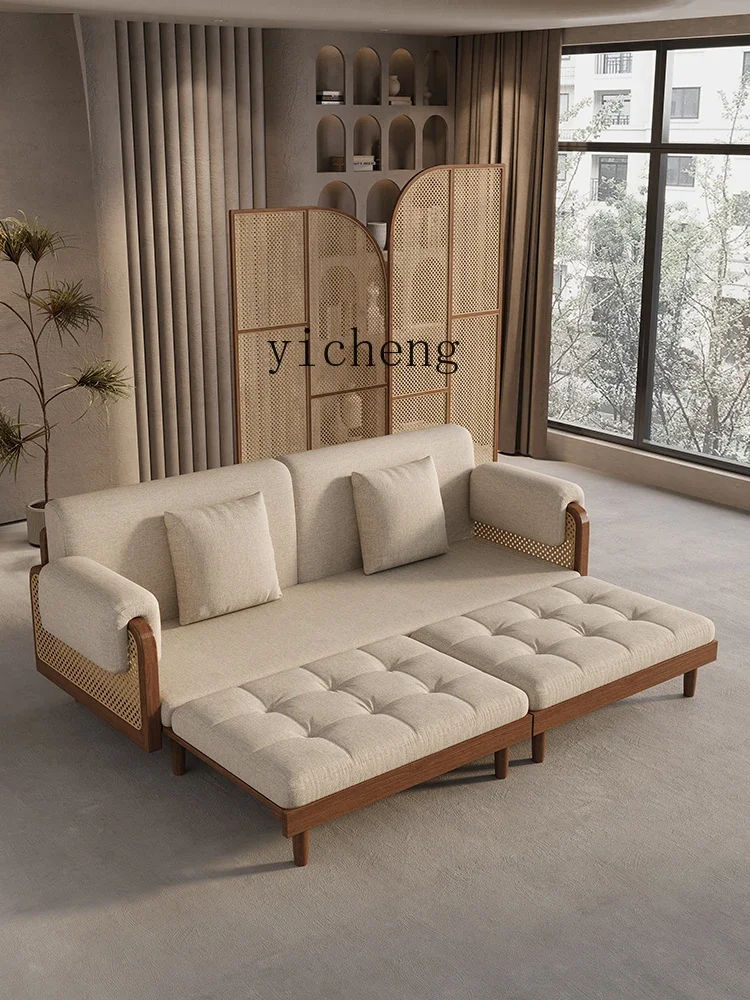 TQH living room rattan sofa bed foldable dual-purpose solid wood double sofa multi-functional retractable Arhat bed