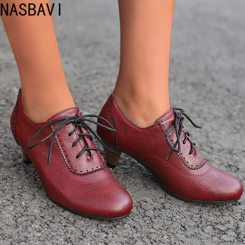 

NASBAVI Retro Oxford Pumps Spring and Autumn New Style Fashion Cross Lace Up High Heels Single Shoes Round Head Lefu Shoes 2025