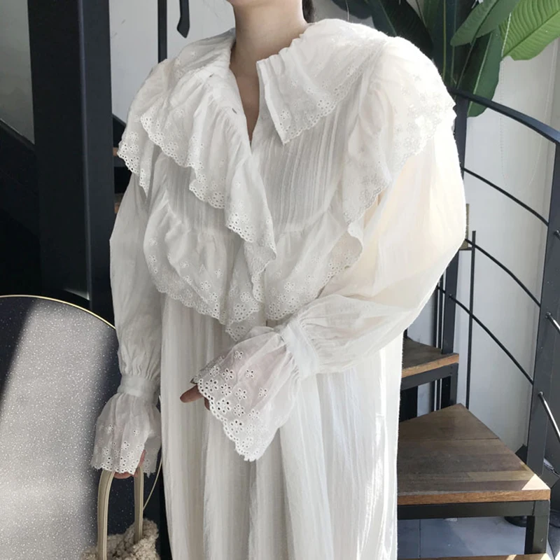 Vestidos De Mujer Heavy Industry Lace Doll Neck Ruffle White Folded Loose Flare Sleeve Dress  Long Shirt Birthday Summer