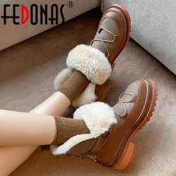 FEDONAS Winter Warm Wool Women Ankle Boots Genuine Leather Fashion Cross-Tied Snow Boots Casual Outdoor Thick Heels Shoes Woman