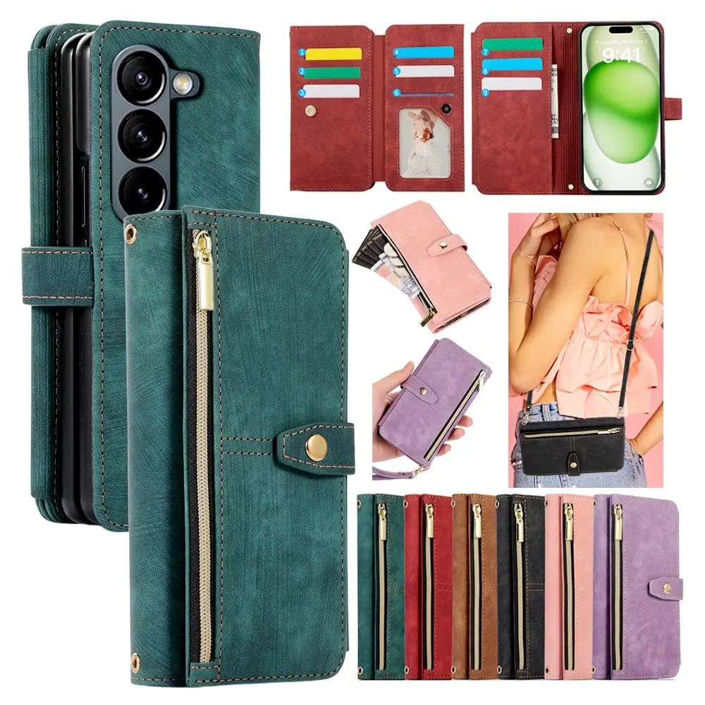 

Чехол-кошелек через плечо для Samsung Galaxy Z Fold 3 4 5 6 7 Fold3 Fold4 Fold5 Fold6, кожаный чехол с ремешком на молнии